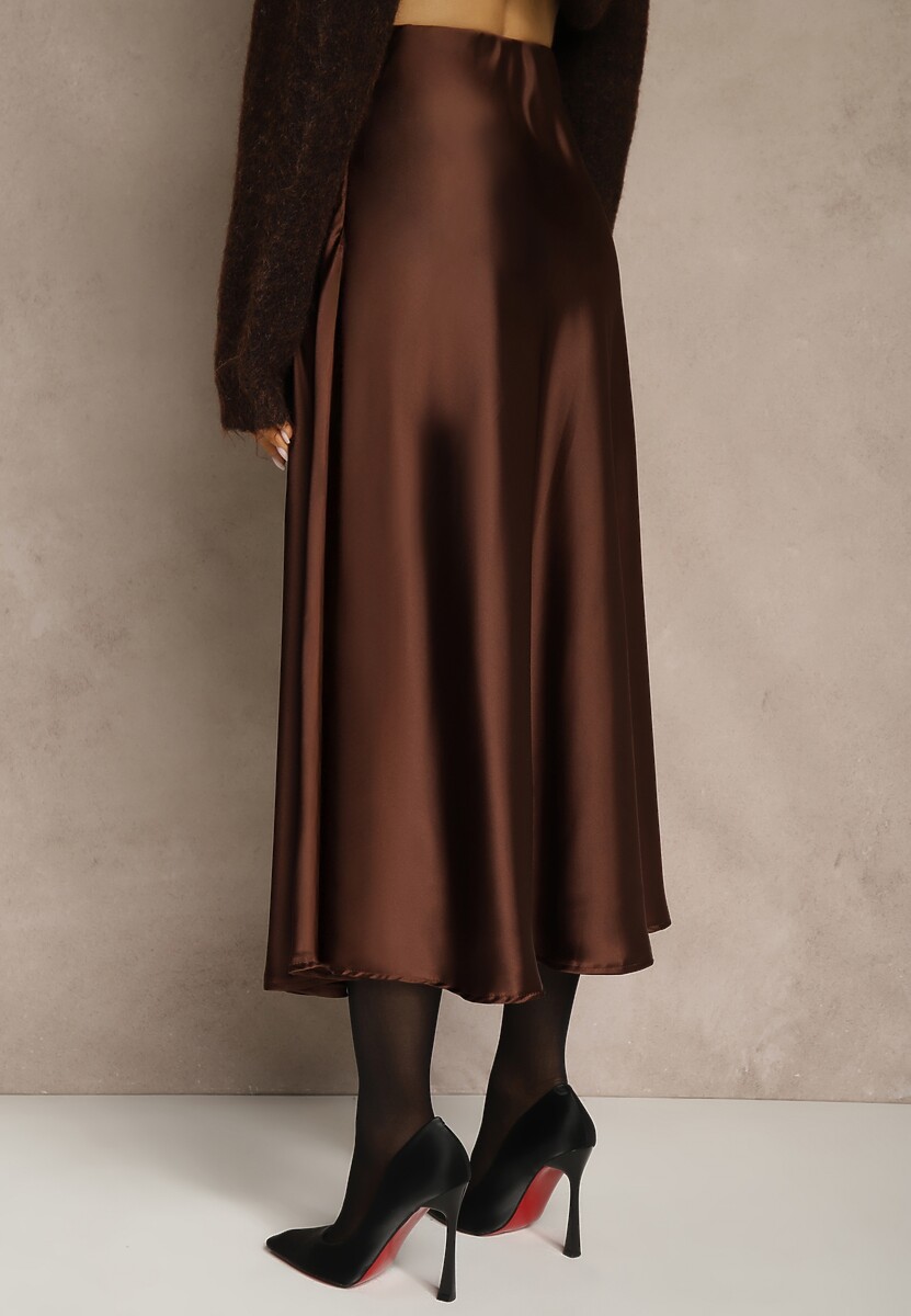 Brązowa Satynowa Midi Spódnica Rozkloszowana z Gumką w Pasie i Suwakiem Leose
