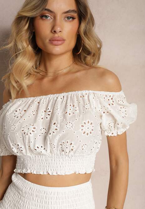 Biały Komplet 2-Częściowy z Bawełny Ażurowy Top w Hiszpańskim Stylu Spódnica z Gumką Dolflea