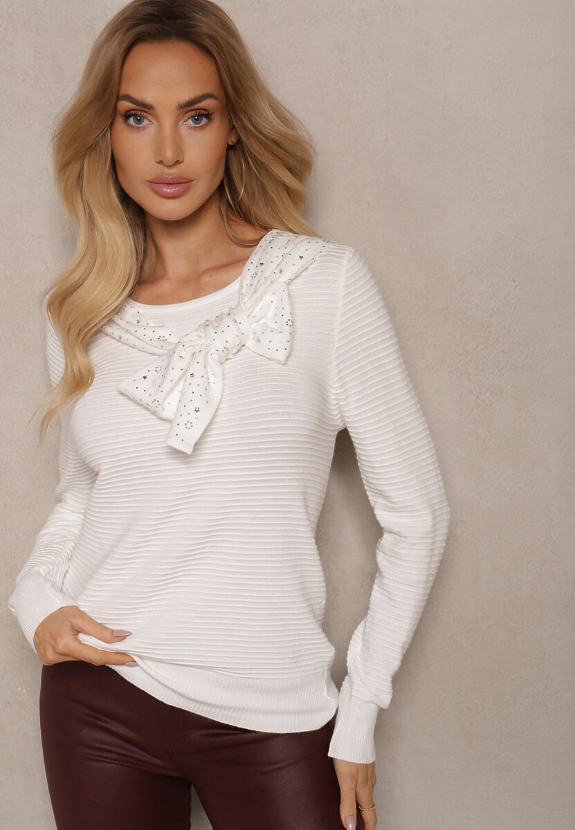 Szary Sweter z Prążkowanej Dzianiny z Wiskozą Ozdobiony Cyrkoniami i Wiązaniem Tintorinae