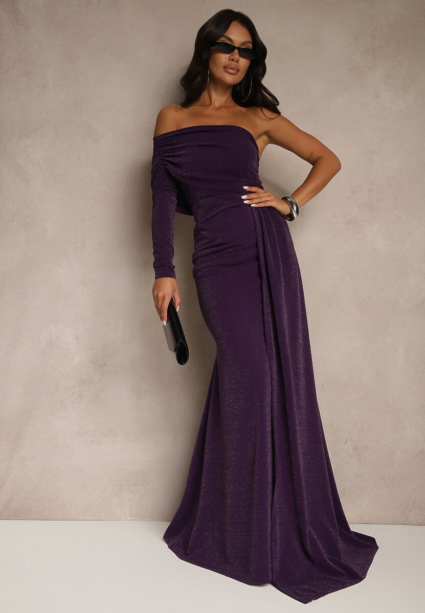 Ciemnofioletowa Wieczorowa Sukienka Asymetryczna na Jedno Ramię z Trenem i Metaliczną Nicią Emivonia