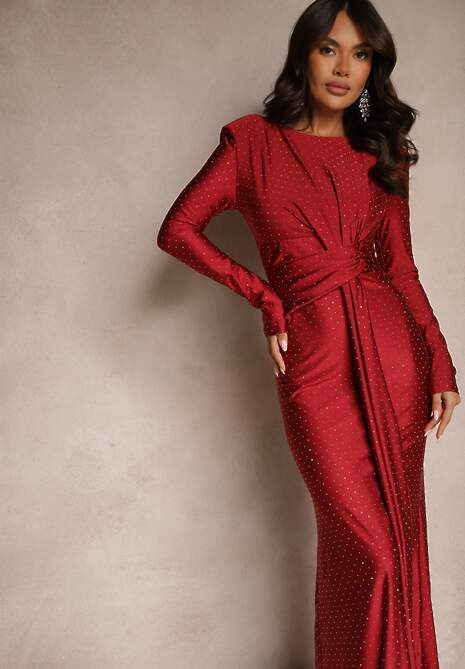 Bordowa Dopasowana Sukienka Koktajlowa Marszczona w Pasie Zdobiona Cyrkoniami Rissanea