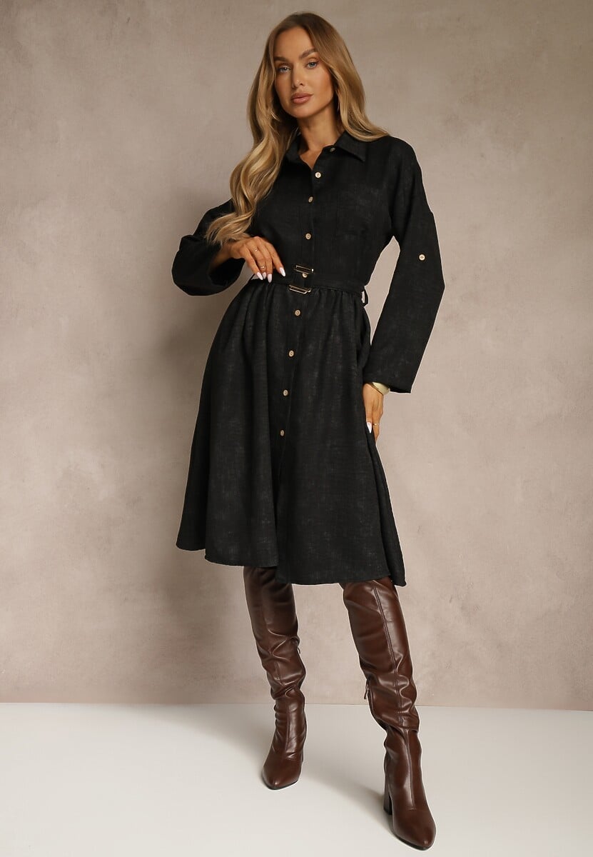 Czarna Sukienka Koszulowa z Paskiem z Klamrą i Kieszonką Parmio
