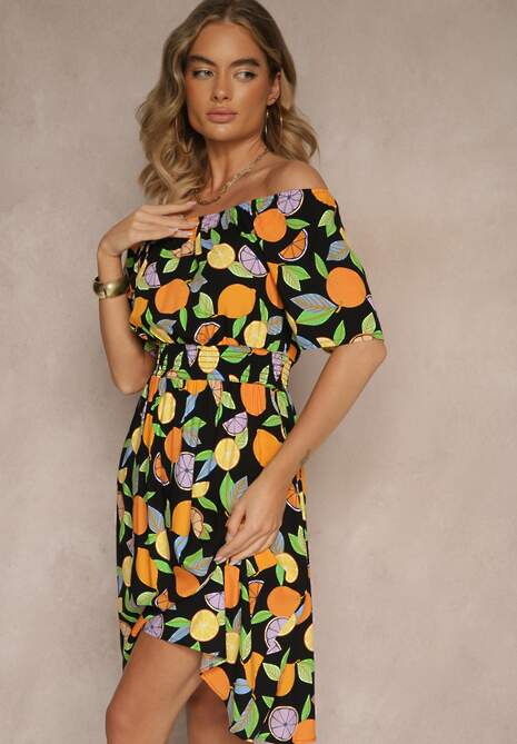 Czarna Sukienka Typu Hiszpanka z Bawełną ze Wzorem Cytrusów Aprona