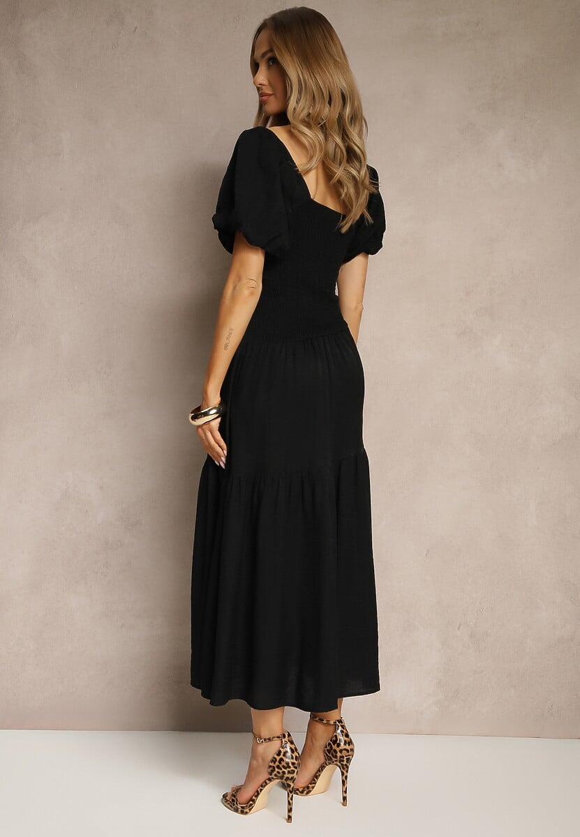 Czarna Sukienka Wiskozowa Drapowana z Rozkloszowanym Dołem Naprine