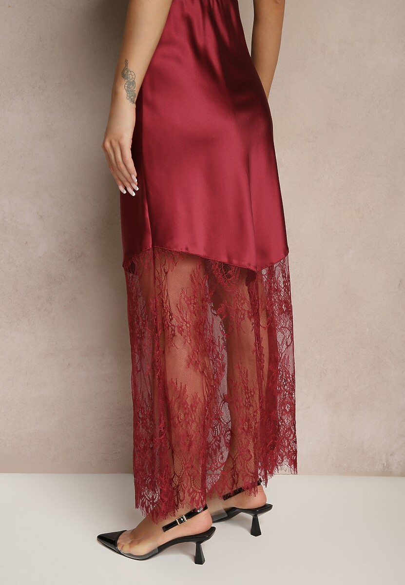 Bordowa Koktajlowa Spódnica z Satyny z Koronką Avelori