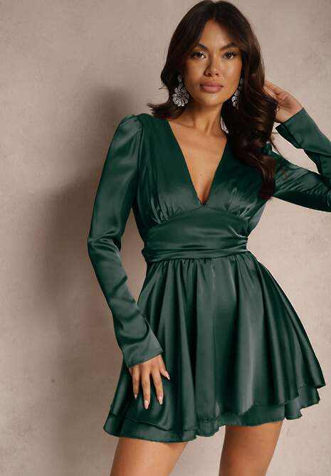Ciemnozielona Satynowa Sukienka Mini z Falbankami i Paskiem z Tyłu w Talii Catriona