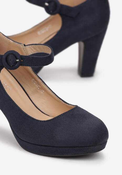 Granatowe Czółenka na Stożku z Paskiem wokół Kostki Jasla