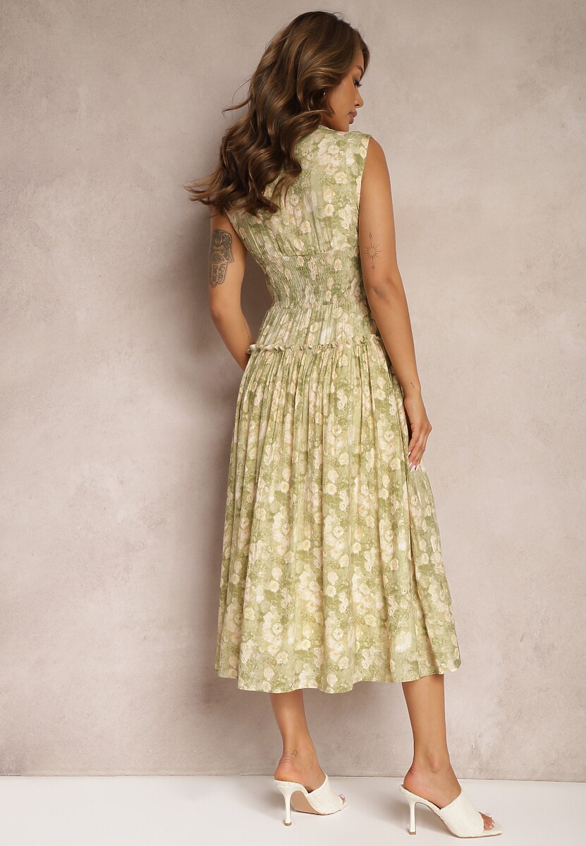 Zielona Sukienka na Grubych Ramiączkach z Dekoltem w Serek i Gumką w Talii Iletta