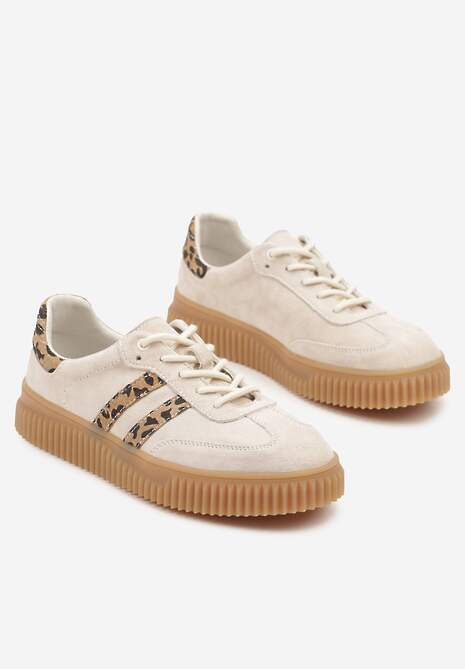 Beżowe Zamszowe Sneakersy w Stylu Kultowych Tenisówek ze Skórzaną Wkładką i Wzorem w Panterkę Tenannia