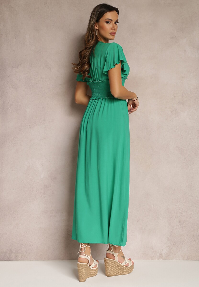 Ciemnozielona Wiskozowa Sukienka z Kopertowym Dekoltem i Gumką w Pasie Shura