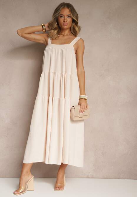 Beżowa Rozkloszowana Sukienka Ozdobiona Wiązaniem na Plecach Saviande