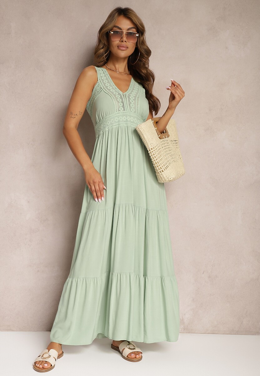 Zielona Rozkloszowana Sukienka Maxi z Szydełkowanymi Wstawkami Ylivea