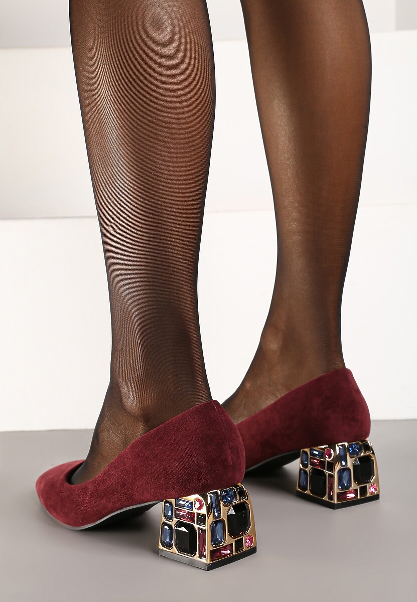 Bordowe Czółenka na Słupku Ozdobione Kryształkami ze Skórzaną Wkładką Ovirora