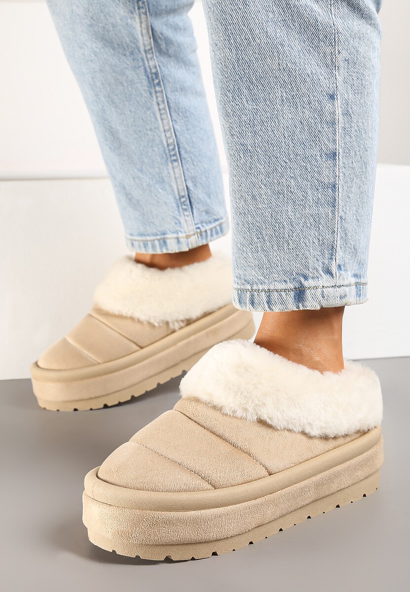 Beżowe Niskie Śniegowce Ekozamszowe na Platformie z Pikowaniem i Futerkiem Realira