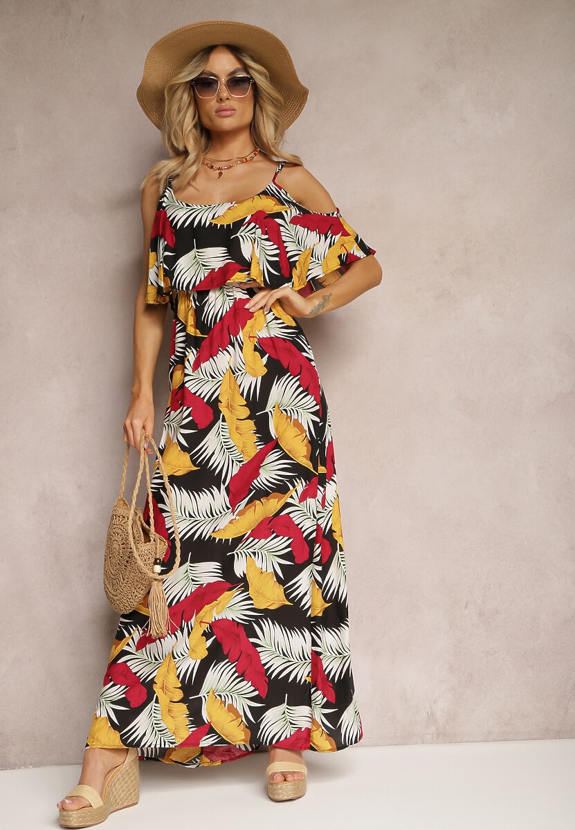 Czarno-Żółta Sukienka z Regulowanymi Ramiączkami i Falbanką przy Dekolcie z Gumką w Pasie Starra