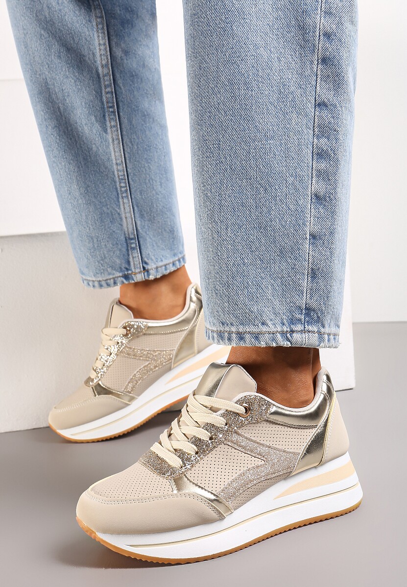 Beżowe Sneakersy na Grubej Podeszwie w Paski Zdobione Brokatem Selarissa