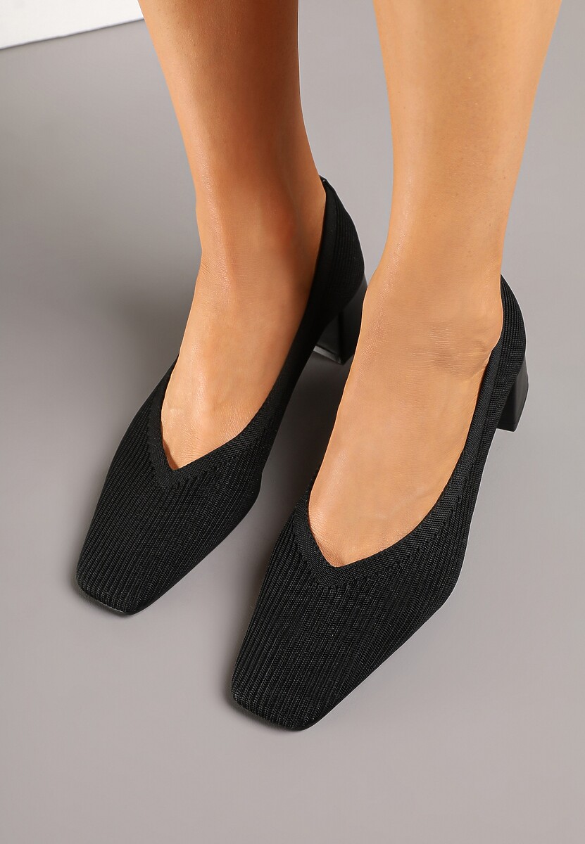 Czarne Prążkowane Czółenka na Słupkowym Obcasie Fenellin