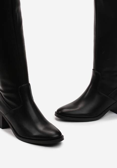 Czarne Kozaki Przed Kolano na Słupku z Ozdobnym Paskiem i Przeszyciami Celinna