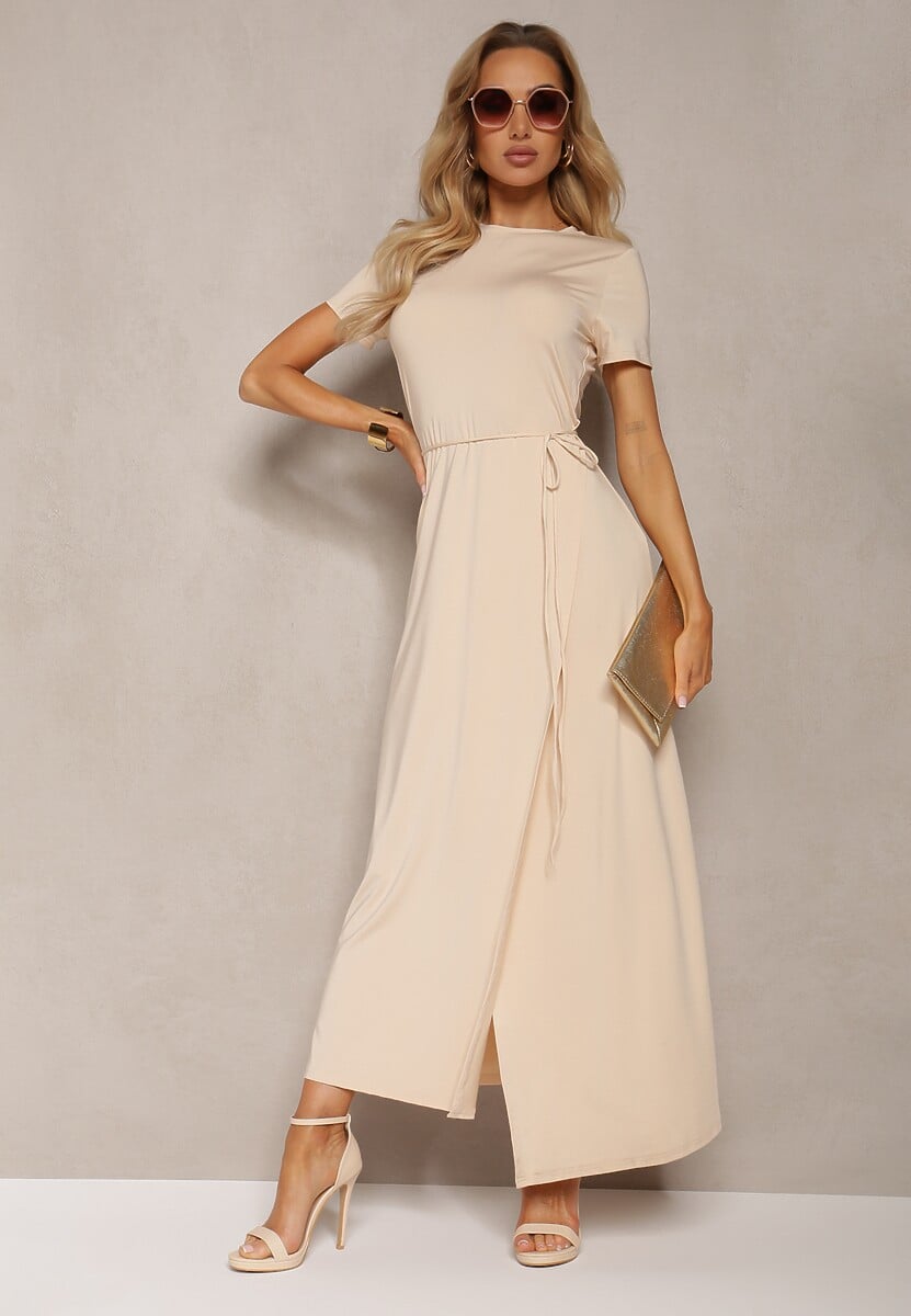 Beżowa Dopasowana Sukienka z Kopertowym Dołem i Cienkim Sznurkiem w Pasie Moeanna