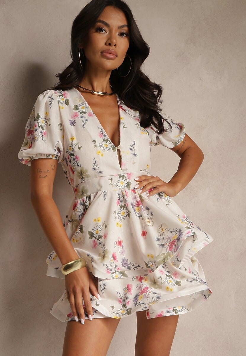 Biała Rozkloszowana Sukienka z Bawełny Zdobiona Falbanami i Kwiatowym Wzorem Sarolisse