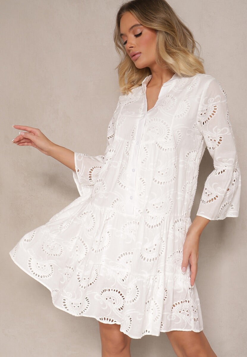 Biała Haftowana Sukienka Boho z Bawełny o Rozkloszowanym Kroju Helavira