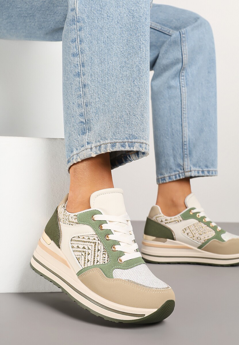 Ciemnobeżowe Sneakersy na Koturnie z Geometrycznym Wzorem i Brokatem Tillineira