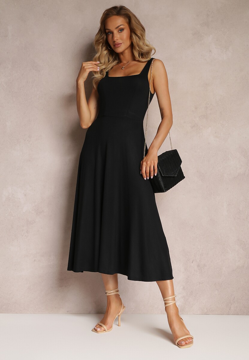 Czarna Midi Sukienka o Rozkloszowanym Fasonie na Szerokich Ramiączkach z Okrągłym Dekoltem Oversoul