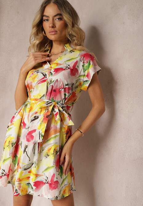 Żółto-Biała Rozkloszowana Sukienka Mini z Kołnierzem i Krótkim Rękawem z Bawełny w Kwiaty Thatine