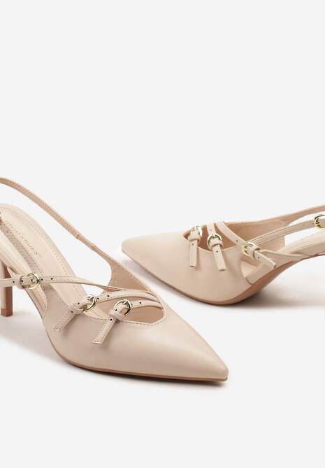 Beżowe Sandały na Cienkiej Szpilce z Imitacji Skóry z Regulowanymi Paskami Vianara