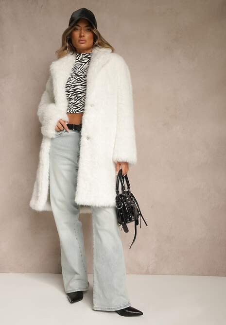 Beżowy Długi Futrzany Płaszcz Otirona