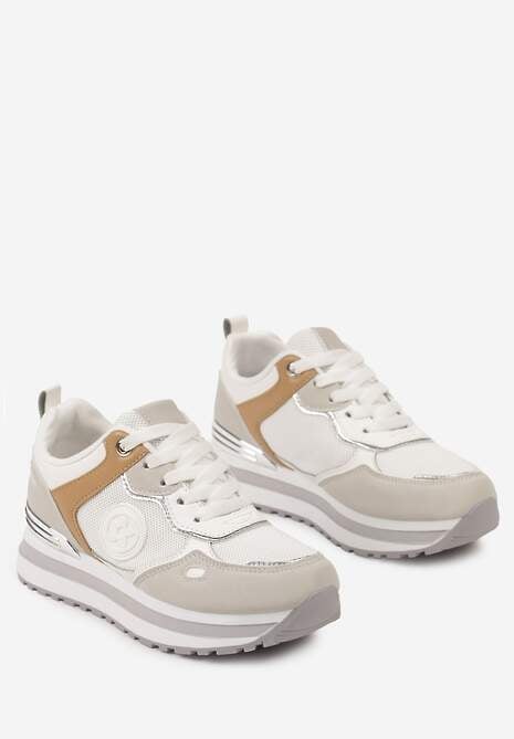 Biało-Szare Sneakersy na Niskiej Platformie z Metalicznym Paskiem za Kostkę Dapphira
