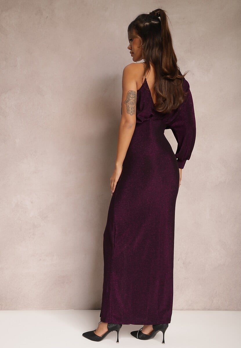 Fioletowa Połyskująca Sukienka Maxi o Asymetrycznym Fasonie z Trójkątnym Dekoltem i Rozcięciem Imisnna