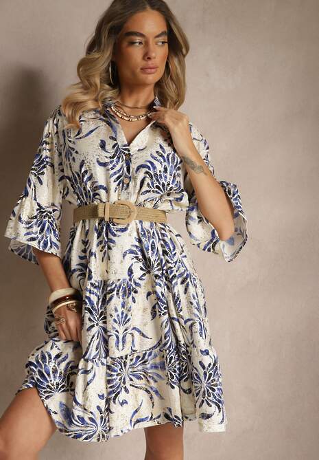 Niebiesko-Beżowa Sukienka z Lnem o Rozkloszowanym Kroju Zdobiona Metalicznym Nadrukiem Filinwena