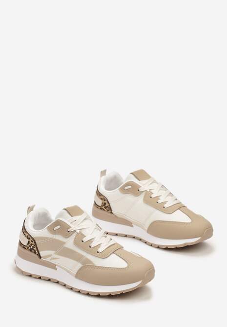 Ciemnobeżowe Sznurowane Sneakersy z Materiałowymi Wstawkami Aneril