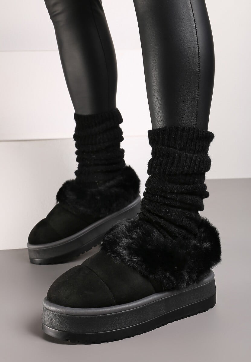 Czarne Śniegowce na Grubej Podeszwie z Pikowanego Materiału Ozdobione Futerkiem Avirorae