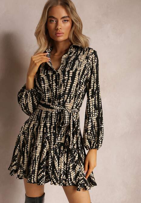 Czarna Koszulowa Sukienka Mini z Falbanką i Wiązanym Paskiem Anagal