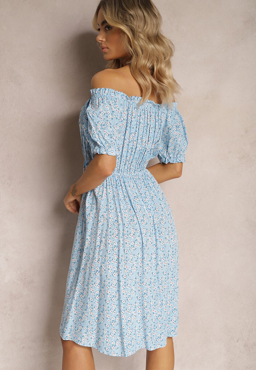 Niebieska Wiskozowa Sukienka Midi w Kwiatowy Wzór z Hiszpańskim Dekoltem Agirala