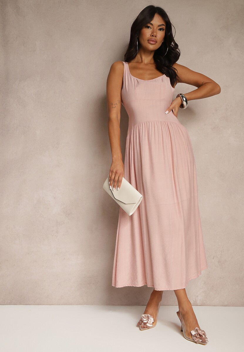 Ciemnobeżowa Rozkloszowana Sukienka z Wiskozy Milunisa