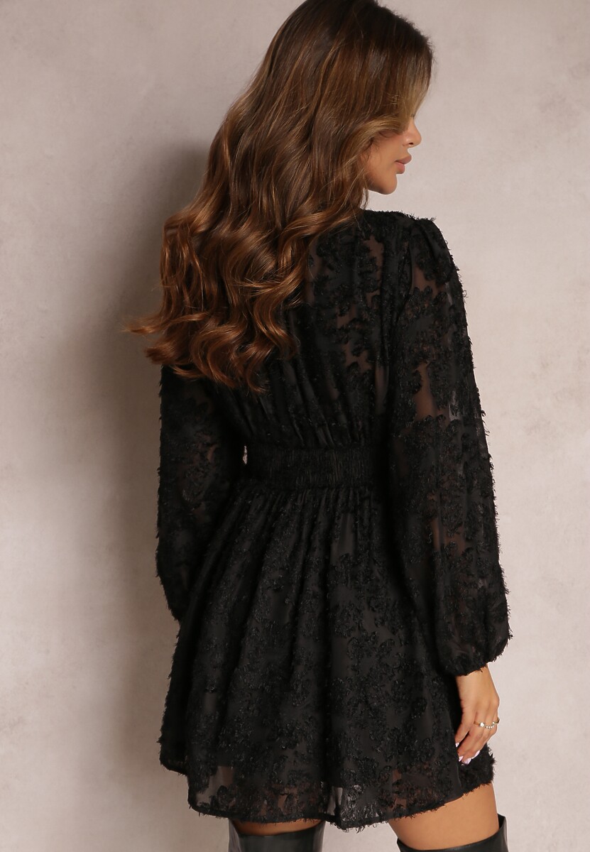Czarna Koronkowa Sukienka Mini z Gumką w Pasie Netta