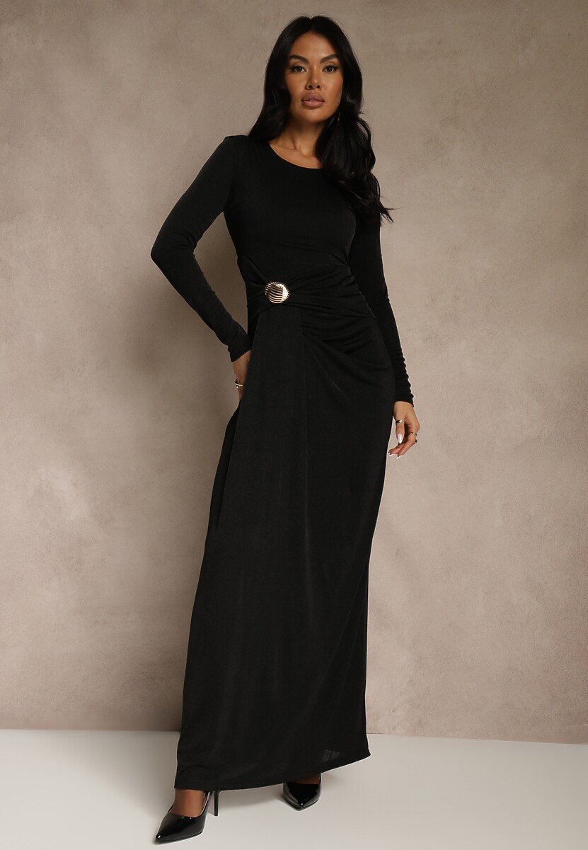 Brązowa Marszczona Sukienka Koktajlowa Zdobiona Aplikacją w Talii Siweda