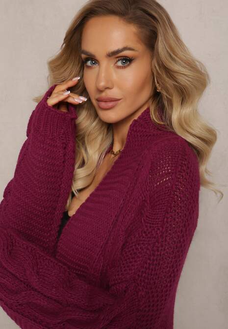Ciemnofioletowy Długi Kardigan z Ozdobnym Szerokim Splotem Havsana