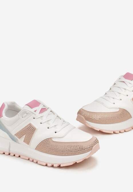 Biało-Beżowe Sneakersy Ozdobione Cyrkoniami na Podeszwie z Wycięciami Larzive