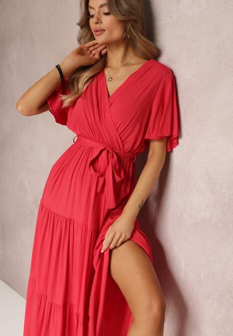 Czerwona Rozkloszowana Sukienka z Falbanką i Wiązanym Paskiem Adotine