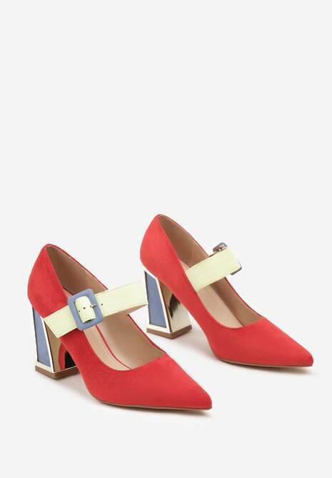 Czerwone Czółenka na Słupku z Metalicznymi Wstawkami i Paskiem Enavina