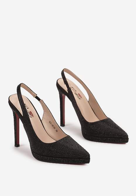 Czarne Satynowe Sandały na Szpilce i Grubej Podeszwie z Ozdobnymi Cyrkoniami Lenaqia