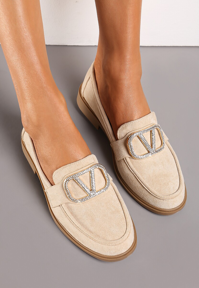 Beżowe Mokasyny Ozdobione Klamerką i Cyrkoniami z Ekozamszu Ahira