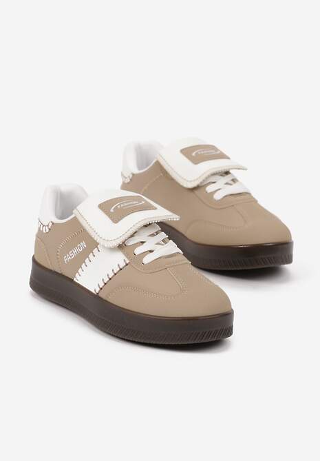 Ciemnobeżowe Sneakersy na Platformie z Kontrastującymi Detalami i Wywiniętym Językiem Amirila