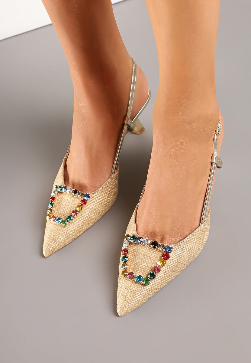 Złote Sandały Slingback na Kaczuszce z Tweedowymi Wstawkami i Cyrkoniami Nalivna