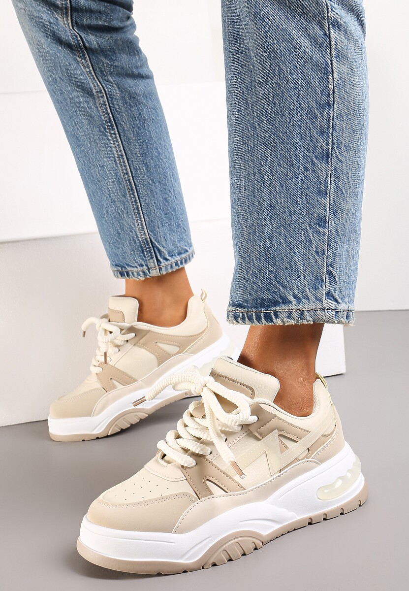 Beżowe Sneakersy na Grubej Podeszwie z Szerokim Wiązaniem Iniestra