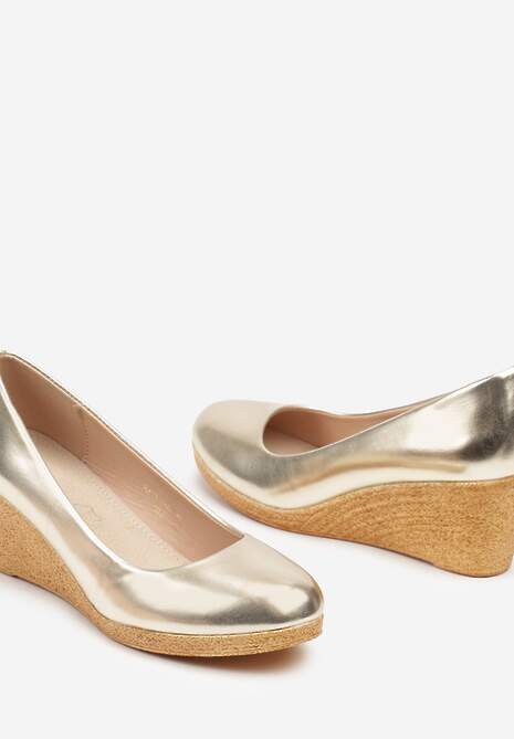 Złote Półbuty Vices na Obcasie Typu Koturn z Wkładką ze Skóry Naturalnej Delorwen